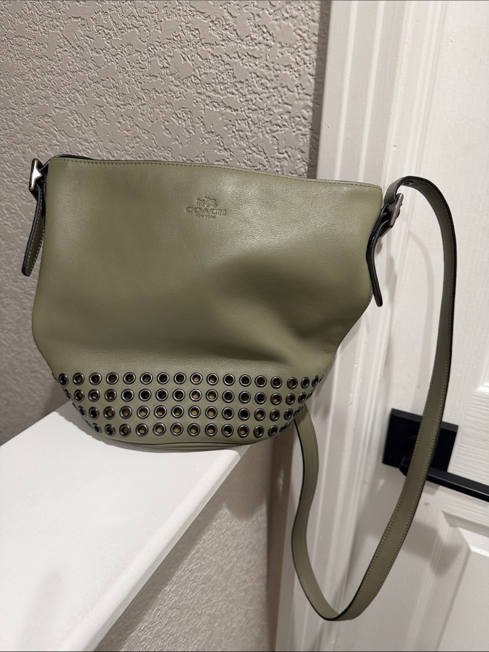 Coach Light Green Leather Studded Shoulder Bag